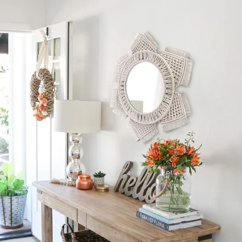 Vista 5 de Flexzion Espejo de pared colgante con flecos de macramé de sol y luna, espejo redondo con flecos de sol, arte bohemio rústico para montar