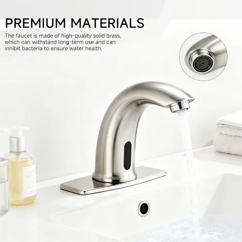 Vista 3 de Grifo automático para lavabo de baño con sensor de movimiento sin contacto Brushed Nickel Finish, Touchless Infrared Sensor, Water-Saving, Battery