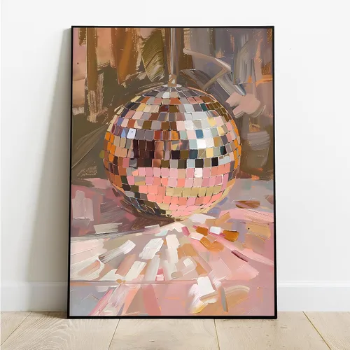 Vista 2 de Arte de Pared en Lienzo de Bola de Discoteca Rosa Suave de Moda, Póster con Textura de Bola de Espejo Plateada Funky para Chica, Impresión
