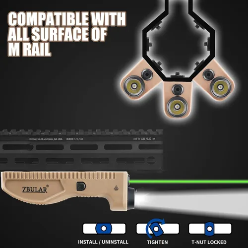 Vista 6 de Linterna táctica ZBULAR de 1650 lúmenes, equipada con láser verde y luces LED blancas, recargable por USB-C, función estroboscópica, salida