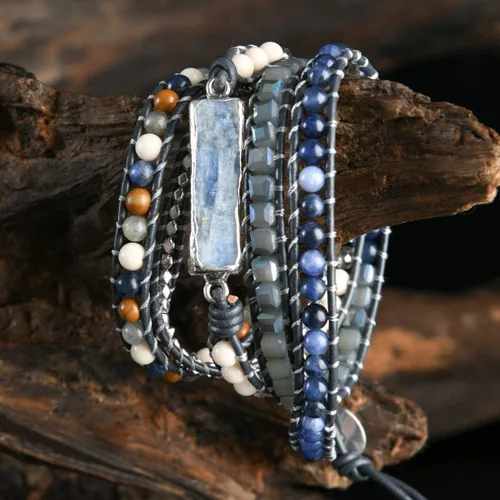 Vista 6 de Ygline Pulsera bohemia hecha a mano, con piedra de cristal, envolvente, de cuero, para mujer