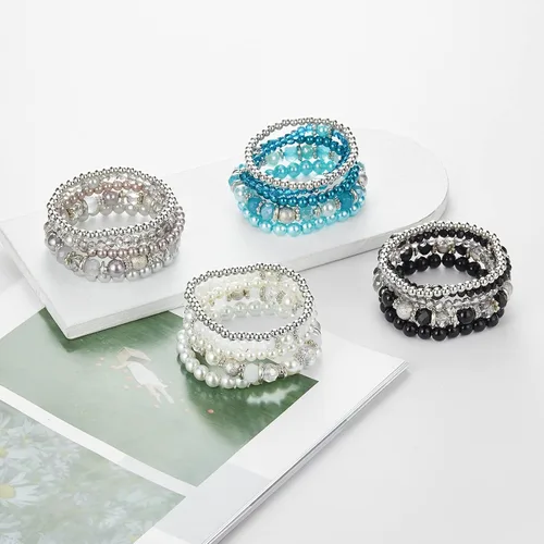 Vista 7 de Noessla Pulsera elástica de perlas con cuentas de plata, apilables, pulseras de cuentas de cristal, joyería de moda, regalo para el día de la madre