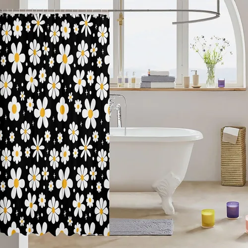 Vista 3 de Cortina de baño de flores de margarita para niños y niñas, cortina de ducha floral para decoración de baño, 72 x 72 pulgadas, retro, floral