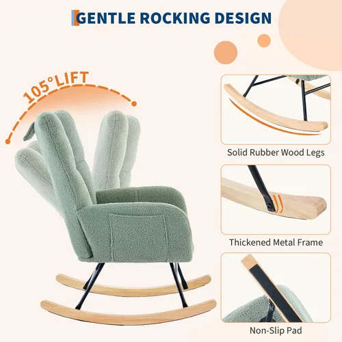Vista 4 de Mecedora deslizadora tapizada con patas de madera para sala de estar, dormitorio, cuarto de bebé, incluye bolsillos laterales