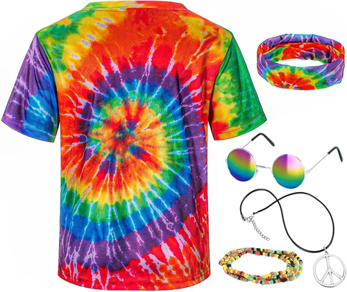 Vista 5 de Disfraz hippie para hombre Momen 60s 70s playera colorida 5 piezas accesorios para fiesta temática