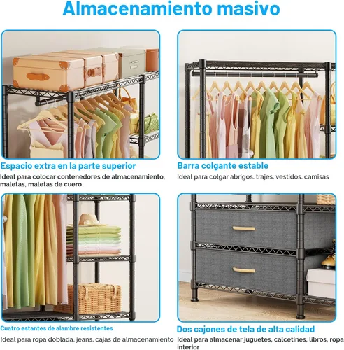 Vista 6 de Ulif F3 Perchero de Servicio Pesado (con cajones de tela), percheros independientes para colgar ropa, sistema organizador de armario ajustable