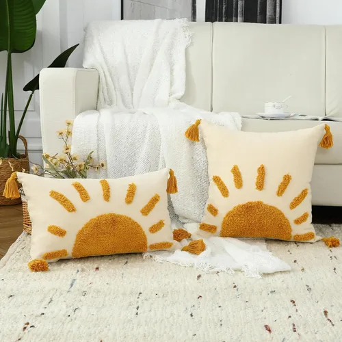 Vista 5 de Juego de 2 fundas de almohada bohemias de 18 x 18 pulgadas, fundas de almohada decorativas de sol con borlas, fundas de almohada modernas marroquíes