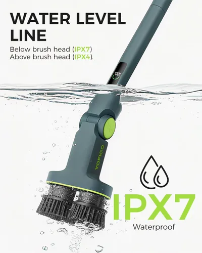 Vista 3 de Limpiador eléctrico giratorio inalámbrico de doble cepillo, IPX7, impermeable, para baño, mango extensible con pantalla digital, 2 velocidades, 6