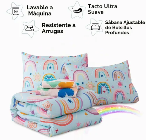 Vista 9 de Holawakaka Juego de edredón bohemio arcoíris tamaño individual con sábanas, juego de cama bohemio de 5 piezas con corazón, estrella y amor para Azul