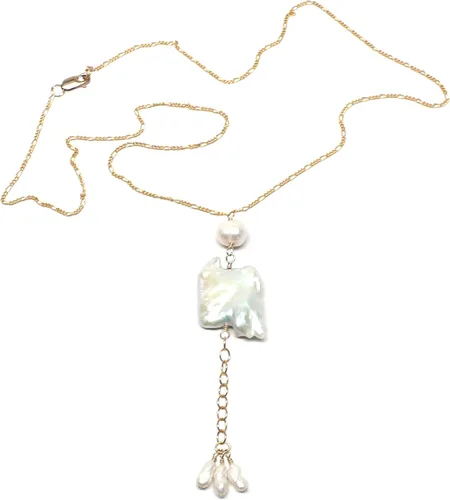Vista 4 de Large White Notched Rectangle Cultured Freshwater Pearl Chain Necklace Gold-filled