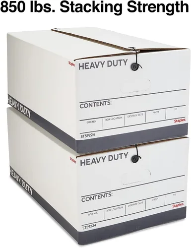 Vista 4 de STAPLES Caja de archivos resistente, tapa de cuerda y botón, legal, blanco/gris, paquete de 4