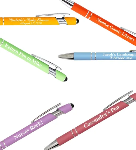 Vista 5 de ExpressDesigns™ - Bolígrafos personalizados pastel premium con lápiz óptico Bolígrafos personalizados de metal suave al tacto con tinta negra