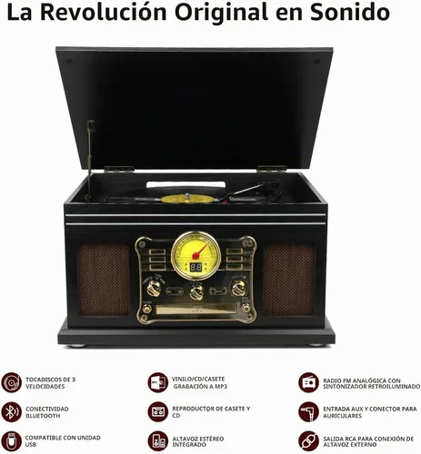 Vista 2 de FEKTIK FEKTIK - Tocadiscos Bluetooth 10 en 1, tocadiscos de 3 velocidades para vinilo con altavoces, convertidor LP a MP3, CD, reproductor de Negro