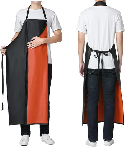 Vista 10 de Delantal unisex impermeable de goma y vinilo resistente a químicos para lavar platos, limpieza, carnicería, aseo de perros Negro