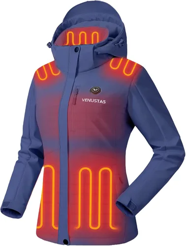 Vista 9 de Venustas - Chaqueta térmica para mujer con batería de 7.4 V, resistente al viento, eléctrica, aislada, con capucha desmontable, ajuste delgado Azul