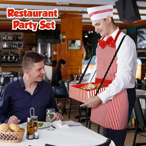 Vista 6 de SATINIOR 8 piezas de disfraz de camarero para adultos, incluyendo bandeja de aperitivos de noche de película, sombrero de chef, delantal, pajarita
