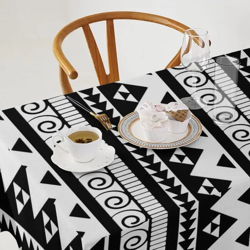 Vista 2 de Mantel de buffet con diseño étnico de geometría blanca y negra, 55 x 55 pulgadas, manteles negros de tela para fiestas para comedor, cocina