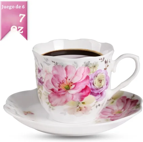 Vista 3 de GuangYang Juego de 6 tazas de té y platillos de porcelana de 7 onzas, diseño floral rosa, elegante juego de regalo para amantes del té, café