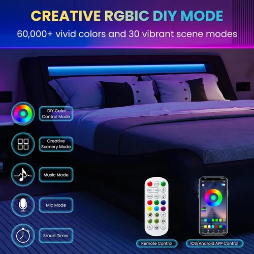 Vista 3 de SHA CERLIN - Marco de cama de tamaño matrimonial con cabecera LED tapizada moderna, color negro Low Profile Sleigh Design, Adjustable Headboard