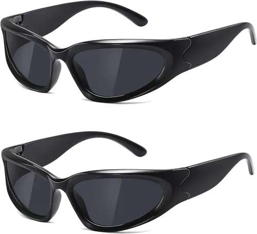 Vista 7 de JASPIN Y2K Gafas de Sol Envolventes para Mujeres y Hombres, Plata, Ovaladas, de Moda, Deportivas, con Protección UV A1/Negro+plateado+gris