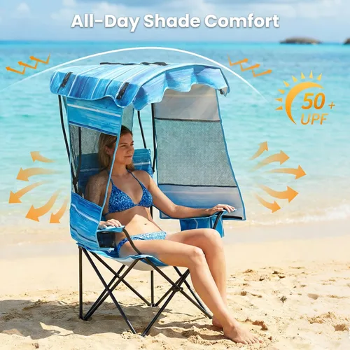 Vista 3 de ABORON Silla de camping con toldo, silla de playa plegable con sombra, silla portátil para exteriores con portavasos y bolsa refrigeradora