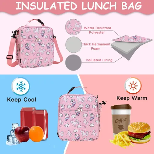 Vista 4 de RAVUO Bolsa de almuerzo para niñas, lonchera aislada para niños, linda bolsa de almuerzo reutilizable de unicornio con correa de hombro desmontable