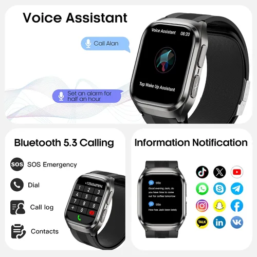 Vista 5 de Reloj inteligente de presión arterial,Pantalla grande AMOLED HD de 2.06 pulgadas, transmisión de voz, bolsa de aire con bomba de aire, llamada Negro