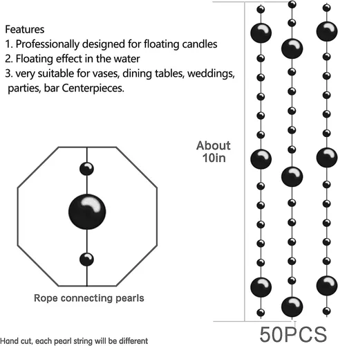 Vista 6 de 50 piezas de cadena de perlas para centro de mesa de velas flotantes, relleno de jarrón de perlas sintéticas negras para decoración de mesa de boda.