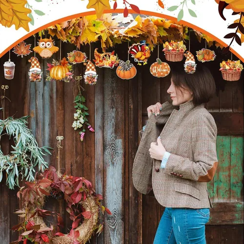 Vista 6 de 12 piezas de adornos colgantes de otoño, hoja de arce, calabaza, decoraciones de árbol, piña, fruta, diseño de Acción de Gracias, adorno lindo