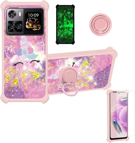 Vista 7 de jioeuinly Funda compatible con Oukitel P1 Pro con protector de pantalla de vidrio templado, policarbonato duro + silicona suave, soporte de anillo