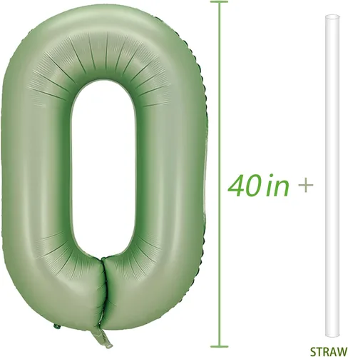 Vista 4 de Globos de números verde salvia para decoración de fiesta de cumpleaños de 40 pulgadas, globo grande del número 0