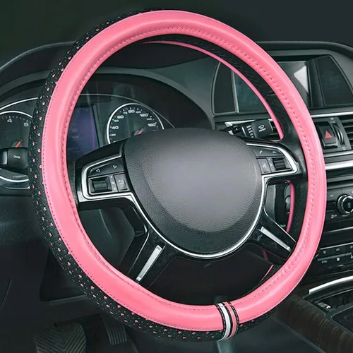 Vista 2 de CAR-GRAND Funda de Cuero para Volante, Doble Capa con Diseño de Estrellas con Ribete, Protector Universal de Rueda de Auto de 14.5-15 Pulgadas Negro