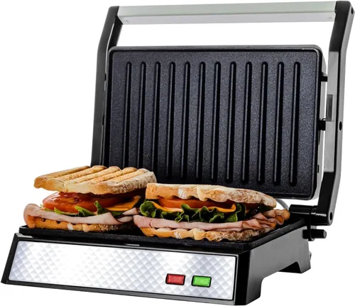 Vista 12 de OVENTE Sandwichera eléctrica Panini Press, parrilla interior de 1500 W con placas revestidas antiadherentes, control de temperatura y bandeja