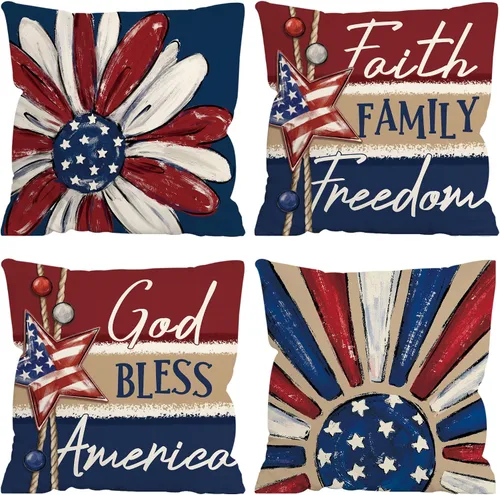 Vista 23 de FUTBU Juego de 2 fundas de almohada de 16 x 16 pulgadas, diseño patriótico de estrellas y bandera estadounidense, rojo, blanco, azul, Día de la 4