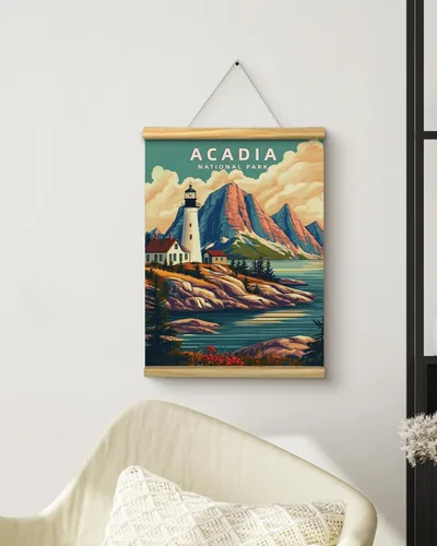 Vista 7 de Acadia National Park - Póster vintage de 12 x 16 pulgadas con marco de madera, colgador de cuerda, impresión artística retro de paisaje costero