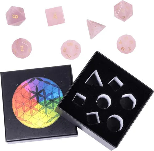 Vista 5 de Nupuyai Juego de dados poliédricos D&D de cristal de cuarzo rosa curativo con caja para Calabozos y Dragones, juego de 7 dados de mesa para RPG MTG