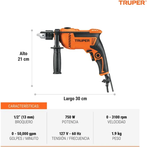 Vista 2 de Truper Taladro de martillo rotatorio profesional de 1/2" 700W, 110V, 5A, naranja