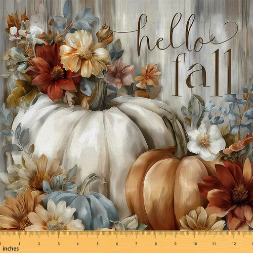 Vista 26 de The Yard - Tela con texto en inglés «Hello Fall», 36 pulgadas de largo x 59 pulgadas de ancho, hojas de árbol de calabaza otoñal, tela de tapicería
