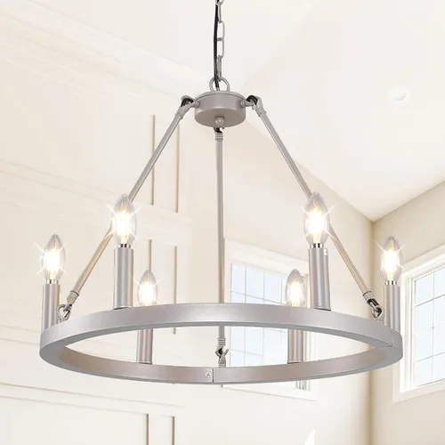 Vista 12 de Candelabro de 12 luces de plata con rueda de vagón, candelabros de granja para comedor, lámpara de iluminación rústica para entrada, candelabros