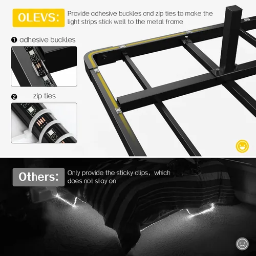 Vista 7 de OLEVS - Marco de cama flotante de metal tamaño matrimonial con luz LED y estación de carga Full Metal Platform Bed Frame with Smart LED, Charging