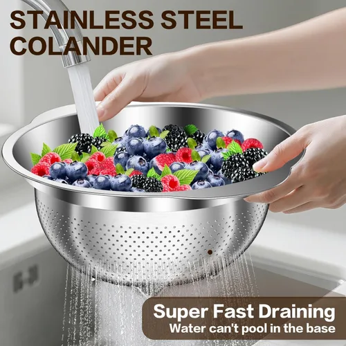 Vista 7 de Colador de acero inoxidable con tazón para mezclar, lavadora de arroz, colador para cocina, colador de arroz, lavado de frutas y verduras, colador