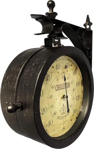 Vista 3 de Infinity Instruments Charelston - Reloj de metal para exteriores, impermeable, doble cara, estación de tren, reloj y termómetro