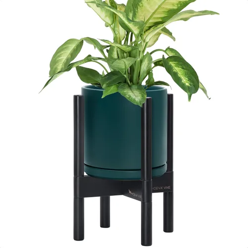 Vista 77 de D'vine Dev Maceta de cerámica con soporte de ébano – Maceta redonda moderna de 8 pulgadas con soporte para maceta de madera, color negro, 55-B-M-2