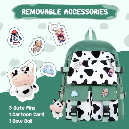 Vista 3 de Unineovo Mochila Kawaii con estampado de vaca y accesorios de alfiler, colgante de felpa, mochila escolar kawaii linda mochila estética, Rosado, Moda