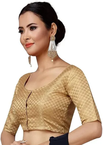 Vista 2 de Mujeres partido desgaste Bollywood poliéster brocado Readymade estilo sari blusa codo mangas