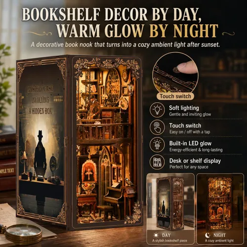 Vista 5 de NFEHGXAE Kits de rincón de libros para adultos, kit de casa de muñecas en miniatura con luces LED, rompecabezas de madera 3D, adolescentes