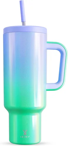 Vista 25 de Meoky - Vaso de 30 oz con asa, tapa y pajilla, taza de viaje térmica de acero inoxidable 100% a prueba de fugas, para portavasos, mantiene el frío