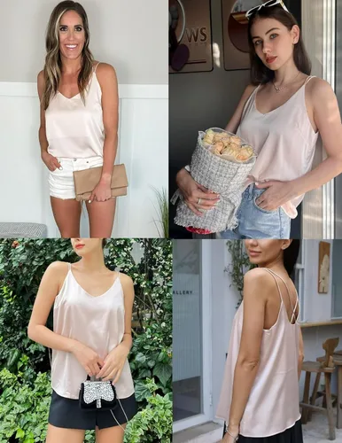 Vista 5 de Ekouaer - Blusa de satén de seda con cuello en V, espalda cruzada y tirantes delgados, camisola, camiseta sin mangas