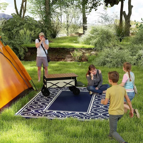 Vista 14 de Outsunny Alfombra de exterior para patio impermeable 9' x 18' rombo negro y Borde rombo negro y gris