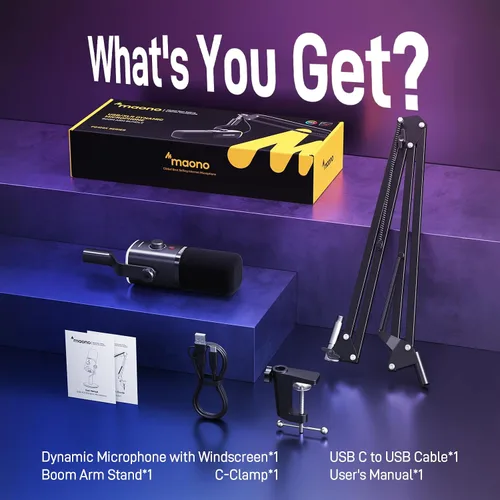 Vista 9 de MAONO Kit de micrófono XLR/USB para juegos: micrófono dinámico para PC para transmisión y podcast, soporte de software, botón de silencio, control